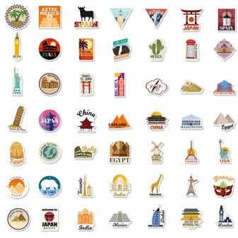 50张世界城市地标涂鸦贴纸，可用于装饰文具、笔记本、手机、行李箱、水瓶等。