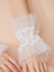 1 par de luvas curtas de renda Dreamy com malha transparente e acabamento em pérolas falsas
