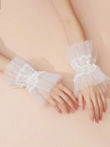 1 par de luvas curtas de renda Dreamy com malha transparente e acabamento em pérolas falsas