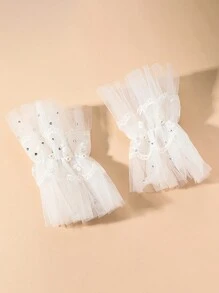 1 par de luvas curtas de renda Dreamy com malha transparente e acabamento em pérolas falsas
