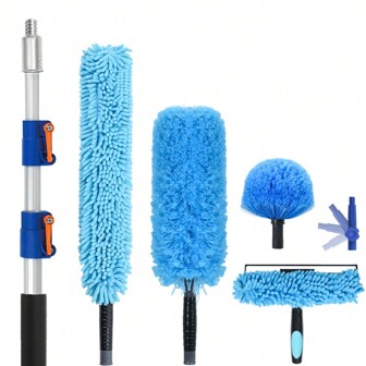 20 Foot High Reach Duster Kit With 5-12FT Extension Pole High Ceiling Dusting And Window Cleaning Kit With Telescopic Pole Window Washer&Squeegee,Cobweb Duster,Fan Duster And Feather Duster