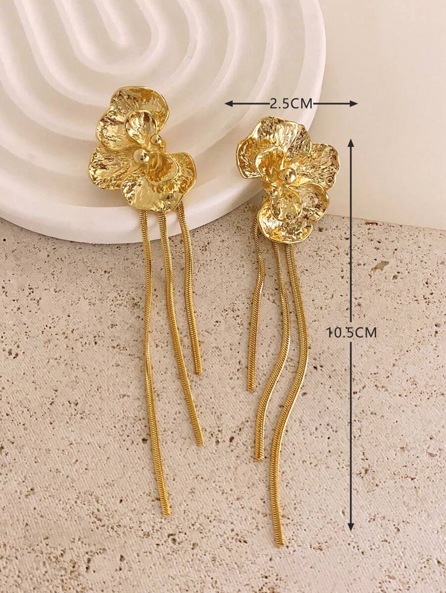 Enchnt 1 Pair Metal Flower Design Tassel Long Drop Statement Earrings For Women, Fashion Party Jewelry Valentines - Gold - View 1