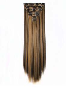 夹式接发 灰棕色混浅黄色长波浪假发片 22英寸接发片 夹式柔软合成假发片 女士专用（7片装） - 彩色 - 查看 11