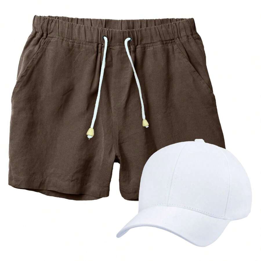 Men's Linen Short Set + Plain White Cap Basic Casual Style Ideal For Everyday Life - Rỉ Nâu - Xem 1