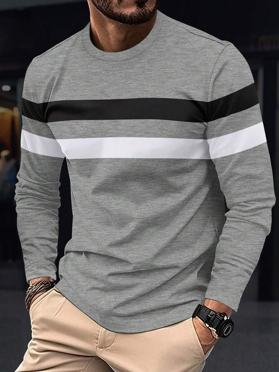 New Men Color Block Breathable Comfortable Casual Sport Fitness Running Beach Holiday Round Neck Long Sleeve T-Shirt, Spring & Autumn, For Fall - Light Grey - View 1