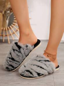 女士加大码毛绒拖鞋，防滑软底室内外情侣拖鞋 - 灰色 - 查看 3