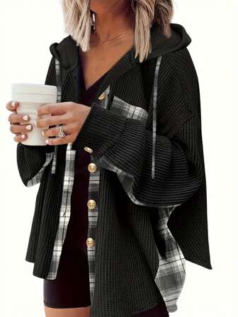 Front Button Long Sleeve Plain Color Patchwork Plaid Casual Jacket, Everyday Wear