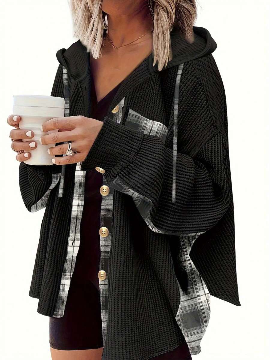 Front Button Long Sleeve Plain Color Patchwork Plaid Casual Jacket, Everyday Wear - Black - View 1