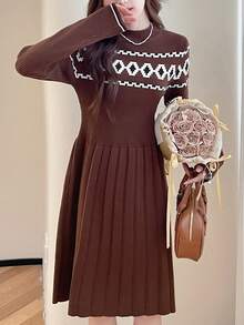 Women's Geometric Pattern Crew Neck Slim Knit Sweater Dress - Brown - View 5