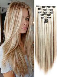 夹式接发 灰棕色混浅黄色长波浪假发片 22英寸接发片 夹式柔软合成假发片 女士专用（7片装） - 彩色 - 查看 9