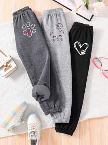 年轻女孩 3 件套卡通印花保暖内衬运动裤套装 - 彩色 - 查看 1