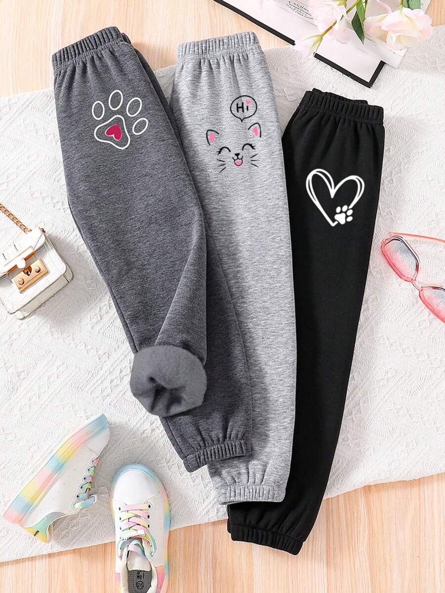 年轻女孩 3 件套卡通印花保暖内衬运动裤套装 - 彩色 - 查看 1