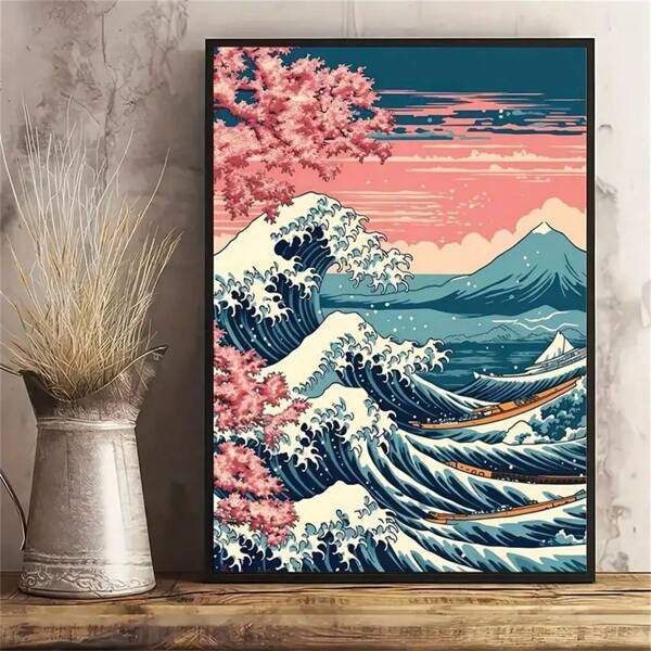1pc Japanese Art Poster - Great Wave Boats And Sakura Canvas Print For Wall Decor And Room Decoration - Perfect Gift For Bedroom - No Frame Needed,Wall Art Coastal Decor Coastal Decor Beach Decor