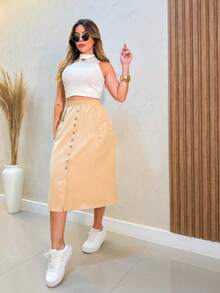Faminina Tailored Midi Skirt With Fashion Bags And Buttons - 米色 - 查看 4