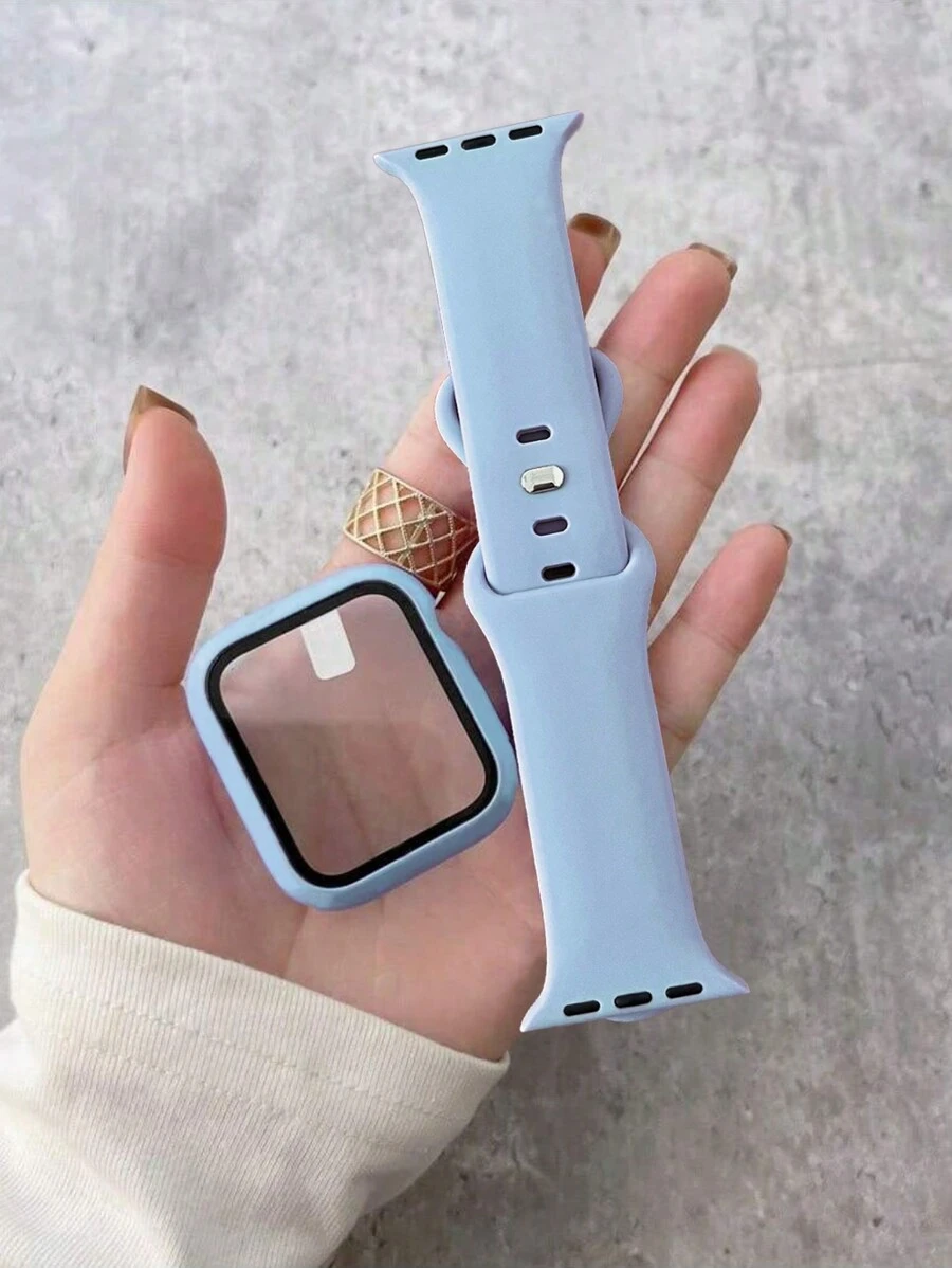 Bộ dây đeo và vỏ 2 trong 1, Dây đeo thể thao bằng silicon mềm mại thoải mái màu xanh lam, Vỏ bảo vệ màn hình bằng kính cường lực siêu mỏng, Tương thích với Apple Watch Series Ultra/SE/11/10/9/8/7/6/5/4/3/2/1, Tương thích với dây đeo 38/40/41/42/44/45/46/49mm