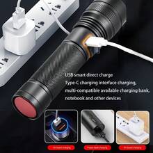 1pc Powerful 2000 Lumen White Laser Led Flashlights, Tactical Flash Light, Built-In 1500mah Battery Long Range Spotlights, Torch Emergency Light - Black - View 5