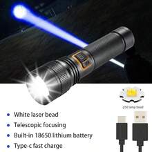 1pc Powerful 2000 Lumen White Laser Led Flashlights, Tactical Flash Light, Built-In 1500mah Battery Long Range Spotlights, Torch Emergency Light - Black - View 7