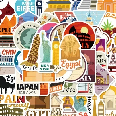 50 miếng dán tường World City Landmark, dùng để trang trí văn phòng phẩm, sổ tay, điện thoại, hành lý, bình nước, v.v.