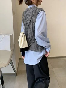 Women Retro All-Match Cable Collar Round Neck Pullover Vest - Grey - View 2