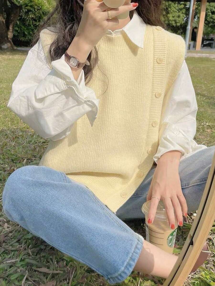 Sylvia Women's Sleeveless Round Neck Soft Knit Sweater Vest With Side Slit, Suitable For Spring, Autumn And Winter. Can Be Paired With Shirts For Casual, Gentle, Relaxed, Girlish Style, Suitable For Daily Wear, Commuting, Afternoon Tea, Travel, New Year, Valentine's Day Summer - Yellow - View 1