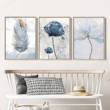 3 piezas/set Decoración de pared con amapolas, plumas azul y dorado, conjunto de decoración de galería moderna en índigo y azul marino, póster decorativo de pared, decoración de lienzo de pared, regalo ideal/set para pasillo, dormitorio, sala de estar