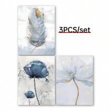 3 piezas/set Decoración de pared con amapolas, plumas azul y dorado, conjunto de decoración de galería moderna en índigo y azul marino, póster decorativo de pared, decoración de lienzo de pared, regalo ideal/set para pasillo, dormitorio, sala de estar