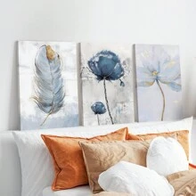 3 piezas/set Decoración de pared con amapolas, plumas azul y dorado, conjunto de decoración de galería moderna en índigo y azul marino, póster decorativo de pared, decoración de lienzo de pared, regalo ideal/set para pasillo, dormitorio, sala de estar