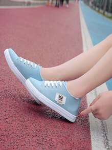 Zapatillas Informales Cómodas Y Personalizadas De Lona Plana Para Mujeres,Tenis de lona para mujer, sin cordones, color blanco deslavado y estampado de leopardo, sin cordones, a la moda,Clásicas, Suaves, Cómodas y Elegantes Zapatillas Planas de Lona para Mujer con Cordones y Diseño de Borlas en el Lateral para Llevar al Aire Libre,Zapatillas de lona de media altura para, estilo coreano de primavera/otoño, zapatos informales deportivos de bajo perfil unisex, zapatillas clásicas de lona de alta altura, zapatillas de moda y versátiles - Azul - Ver 8