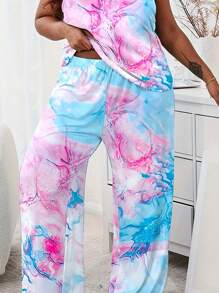 Plus Size Casual Pajama Set, Women's Tie-Dye Round Neck Loose Camisole And Pants Sleepwear 2pcs Set, For All Seasons