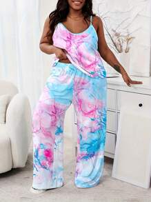 Plus Size Casual Pajama Set, Women's Tie-Dye Round Neck Loose Camisole And Pants Sleepwear 2pcs Set, For All Seasons