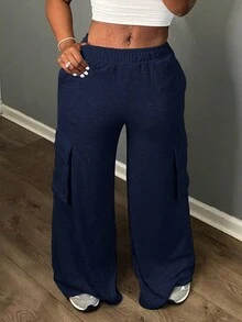 Plus Size Casual Sweatpants, Loose Fit Workwear Style For Daily Commute, Outdoor, Sports, Suitable For Graduation Season, Back To School, All Seasons - Navy Blue - View 5