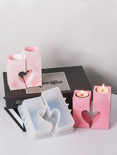 1个长方形心形拼布硅胶蜡烛模具，情人节心形蜡烛杯烛台硅胶模具，家居装饰DIY树脂浇铸模具，手工石膏模具，艺术装饰石膏模具