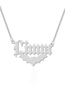 A Personalized And Bat Name Necklace, Happy Halloween Bat Jewelry, Name Pendant With Bats, Customized Vampire Bat Name Pendant, Silver Bat Name Necklace, Classic And Timeless, Party Banquet Wedding Beach Vacation Jewelry - Silver - View 3