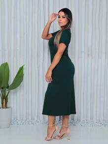 Long Midi Dress With Pocket And Front Slit In Moletinho Tendência Comfy Fabric - Màu xanh lá cây đậm - Xem 2