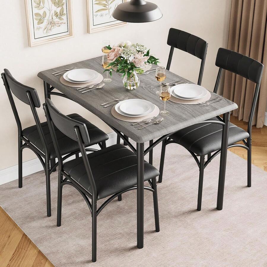 WhizMax Dining Table Set For 4, Kitchen Table With 4 Upholstered Chairs, 5 Piece Rectangular Dining Room Table Set, For Small Space, Apartment, Home, Kitchen, Black And Gray - 灰色 - 查看 1