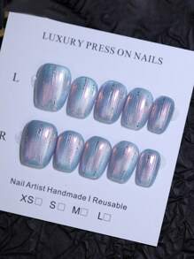 10 piezas Tails de sirena y hadas. Uñas postizas de punta de ataúd cortas 100% hechas a mano con efecto ojo de gato mágico de Aurora, de color desnudo y azul. Consejos de pegatinas de uñas reutilizables para decoración de uñas y suministros de uñas uñas falsas uña falsa uña acrílica