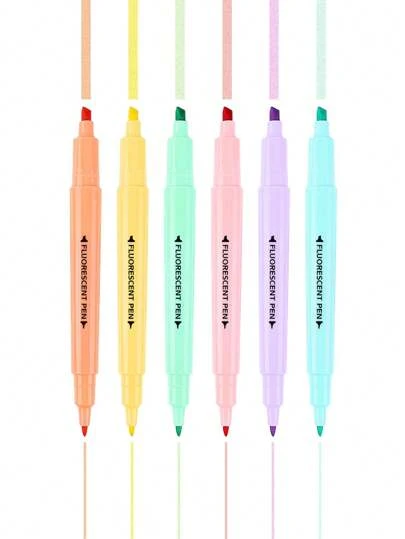 6 支/套软色荧光笔，双头荧光记号笔套装，带宽笔尖和细笔尖