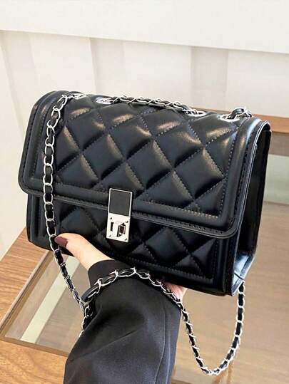 时尚纯色绗缝方形链条单肩包，百搭翻盖宴会晚宴包新款轻便手提包和钱包，适合白领和学生的日常通勤斜挎包，休闲手机零钱斜挎包