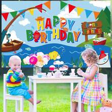 1PC Fishing Theme Birthday Party Background Banner, 82.7 * 59.1/59.1 * 39.4/39.4 * 29.5 Inches Go Fishing Party Decoration Background, Suitable For Birthday Party, Cake Table Banner, Photo Booth, Living Room, Bedroom, Photography Studio, Live Broadcast Scene, Party Background Decoration Props Supplies Gifts - Multicolor - View 4