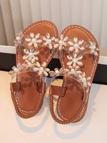 1 par de sandalias para niñas, nueva diseño con cristales, mariposa, flor y hebilla transparente, zapatos planos de princesa para la playa, para niños - Marrón - Ver 6