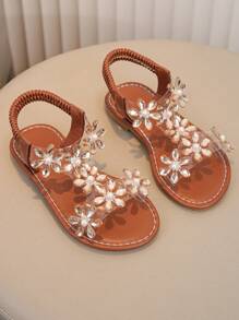 1 par de sandalias para niñas, nueva diseño con cristales, mariposa, flor y hebilla transparente, zapatos planos de princesa para la playa, para niños - Marrón - Ver 3