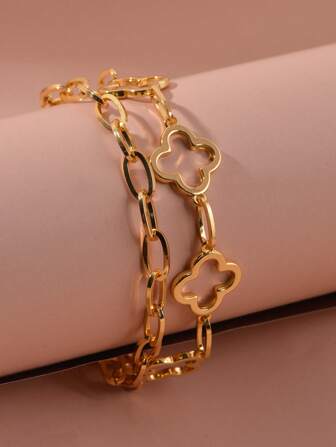 1pc Fashionable Titanium Steel 7-Flower Lucky Charm Double Layer Bracelet, Suitable For Women Daily Wear And Gift Valentines,Mom,Mother,Mother's Day,Gift