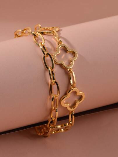 1pc Fashionable Titanium Steel 7-Flower Lucky Charm Double Layer Bracelet, Suitable For Women Daily Wear And Gift Valentines,Mom,Mother,Mother's Day,Gift