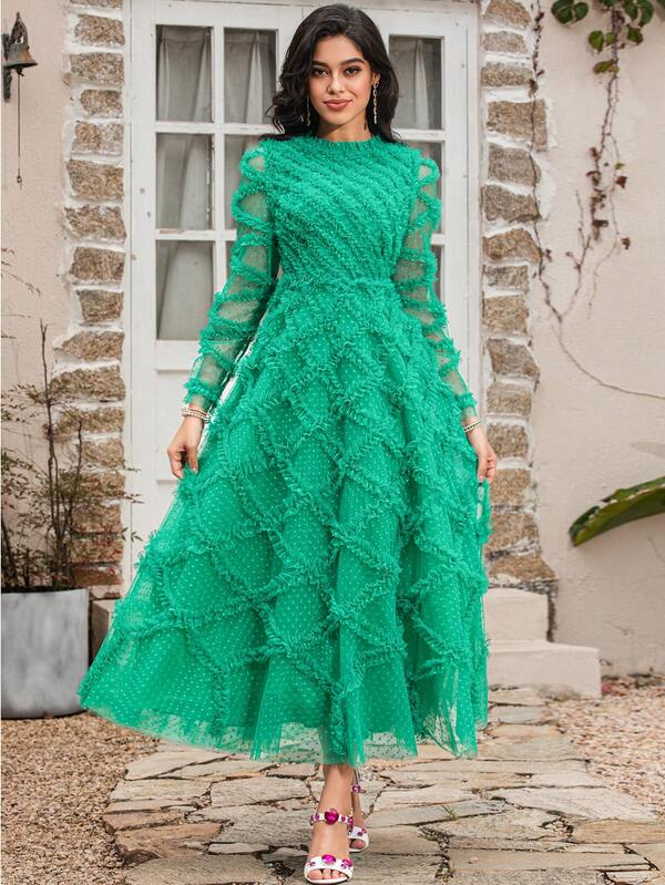 High Quality Autumn Women's Puffy Green Dress Vintage Mesh Printed Long Sleeve Mullet Swing Dress High Quality Autumn Women's Puffy Green Dress Vintage Mesh Printed Long Sleeve Mullet Swing Dresses Party Dress Wedding Guest Dress Prom Dress