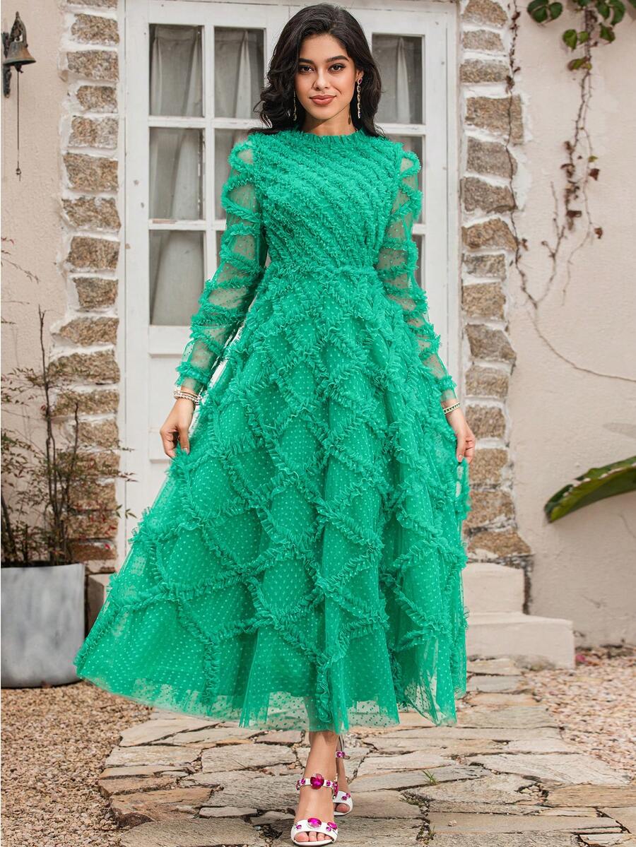 High Quality Autumn Women's Puffy Green Dress Vintage Mesh Printed Long Sleeve Mullet Swing Dress High Quality Autumn Women's Puffy Green Dress Vintage Mesh Printed Long Sleeve Mullet Swing Dresses Party Dress Wedding Guest Dress Prom Dress - Green - View 1