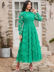 High Quality Autumn Women's Puffy Green Dress Vintage Mesh Printed Long Sleeve Mullet Swing Dress High Quality Autumn Women's Puffy Green Dress Vintage Mesh Printed Long Sleeve Mullet Swing Dresses Party Dress Wedding Guest Dress Prom Dress - Green - View 2