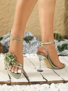 New Women High Heels With Glass Heel For Spring/Summer Night Party, Outdoor Fashionable And Versatile Party Wear, Comfortable Material Pointed Toe 3D Butterfly Decor Sexy Open Toe Elegant Lady Sandals