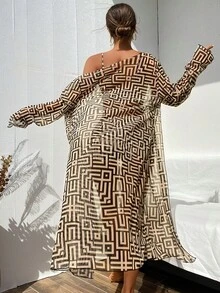 2024 New 3-Piece Women Beach Vacation Pool Party Bikini Set - European And American Fashion Colorblock Digital Print Style, Comfortable Stretchy Polyester Fabric, Front Ruched Bust Bikini Top, Anti-Exposure Swim Shorts, Paired With Elegant Semi-Sheer Kimono Robe, Comfortable, Stylish & Fashionable - Your Best Choice Summer