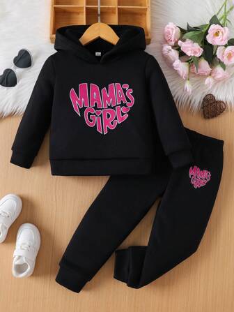 2pcs/Set Young Girl Fashion "Mama Girl" Print Girls Hooded Sweatshirt And Sweatpants Outfit