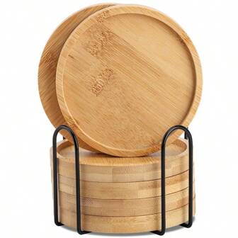 6pcs Bamboo Coasters Set With Holder, Suitable For Coffee Tables, Wooden Coasters For Potted Plants, Desk Protection, House Warming Gifts, Square/Round Bamboo Coasters For Flower Pots, Beverage Trays Art Plates (6pcs, Mosaic Tiles Not Included), 6pcs Mosaic Bamboo Coasters For Crafts, Blank Pedestal Trays, Drinkware Coasters, Plant Coasters, Art Plates, DIY Mosaic Supplies (Round)